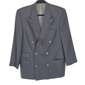Vtg Perry Ellis Blazer Mens 42 Long Gray‎ Wool Pinstripe Double Breasted Casual